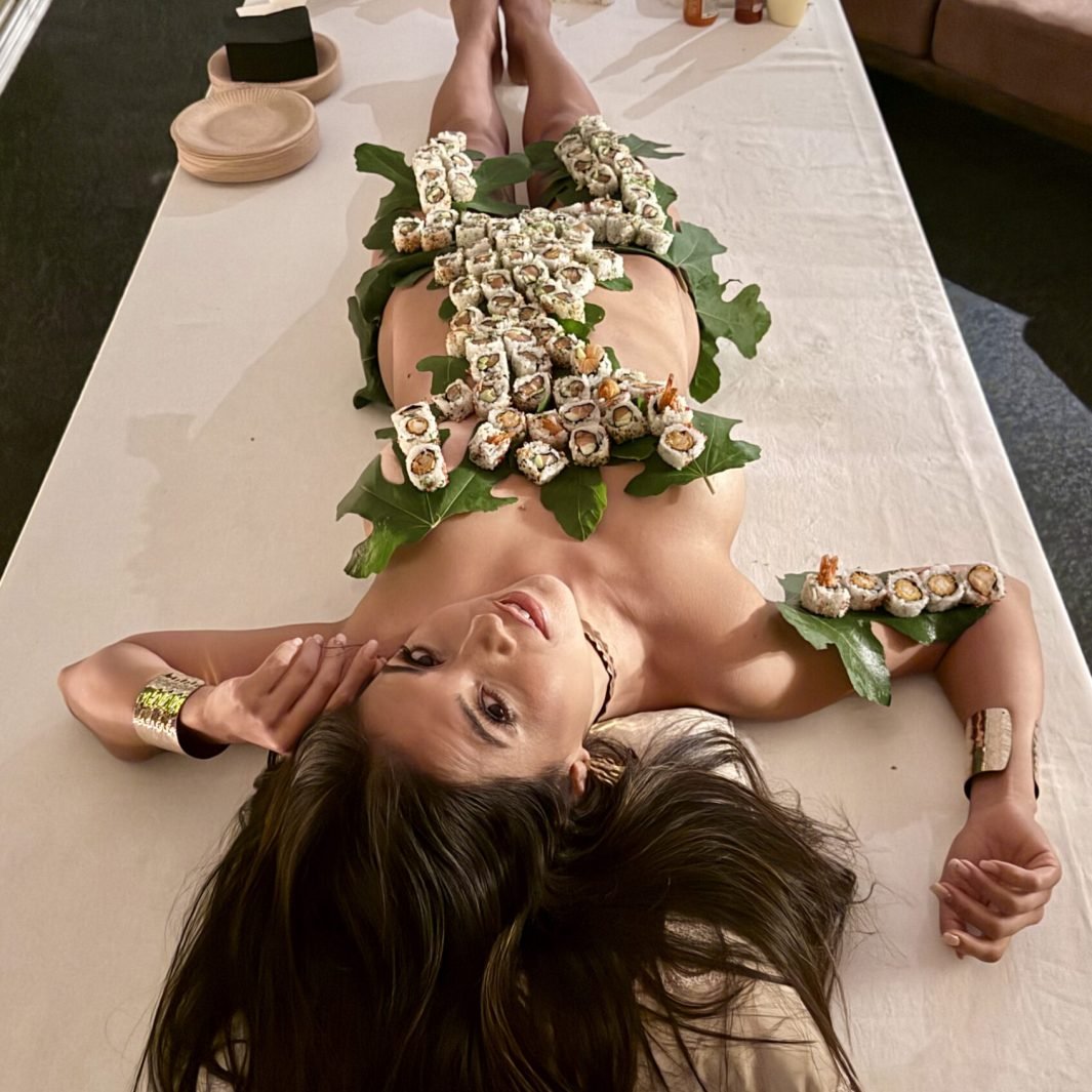 Premium sushi and floral arrangements presented as Nyotaimori live sushi art for exclusive VIP events in Ibiza.